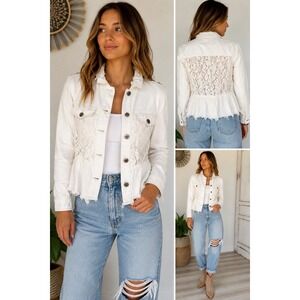 Penelope White Lace Denim Jacket Peplum Frayed Hem Women's Medium Vintage Y2K